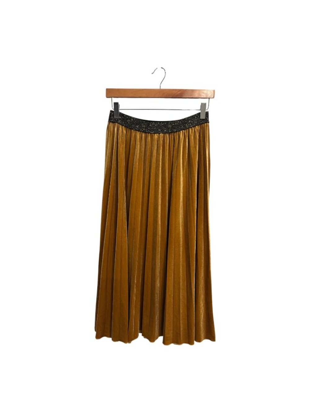 Mystree Gold Velvet Pleated Midi Skirt Metallic Shimmer Stretch Pull On Size M - Picture 3 of 5